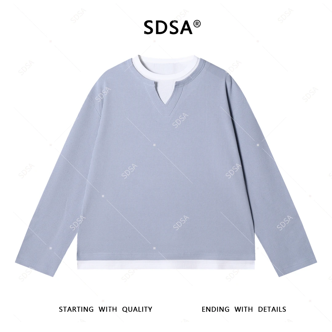 SDSA男士秋冬新款轻奢痞帅男装撞色拼接长袖假两件长袖T恤网红款
