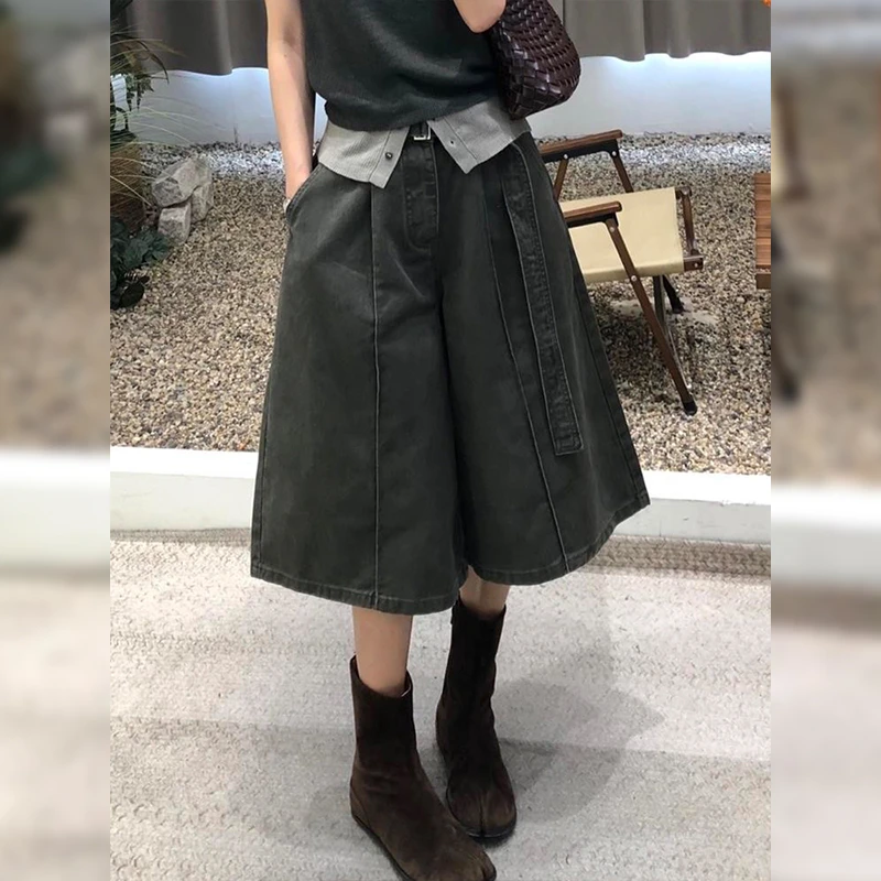 大码复古高街压褶七分牛仔裤女秋季胖mm宽松显瘦高腰直筒阔腿中裤