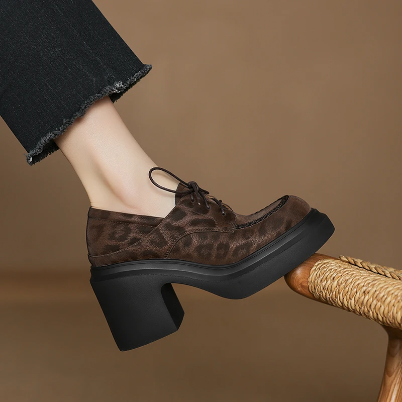 羊皮/2025新款手工女鞋10cm松糕底系带高跟新款单鞋防水台乐福鞋