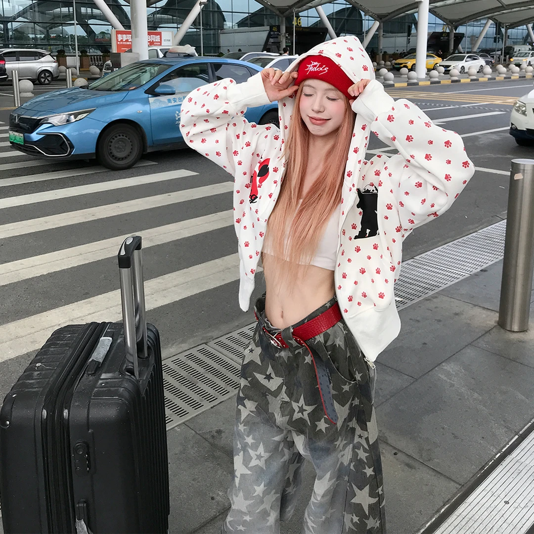 Holocene美式潮牌辣妹狗爪满印连帽卫衣女秋季收腰显瘦短外套5227