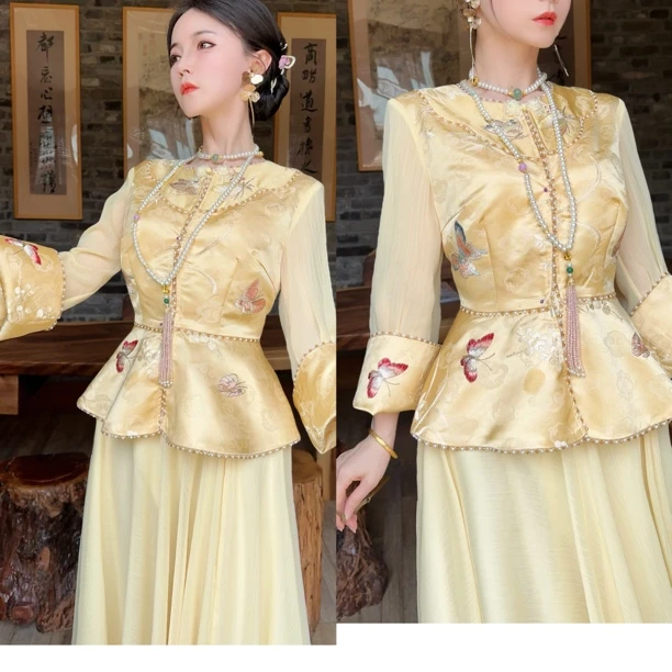 粉黛原创 比翼双飞 重工宋锦刺绣华丽国风新中式两件套裙