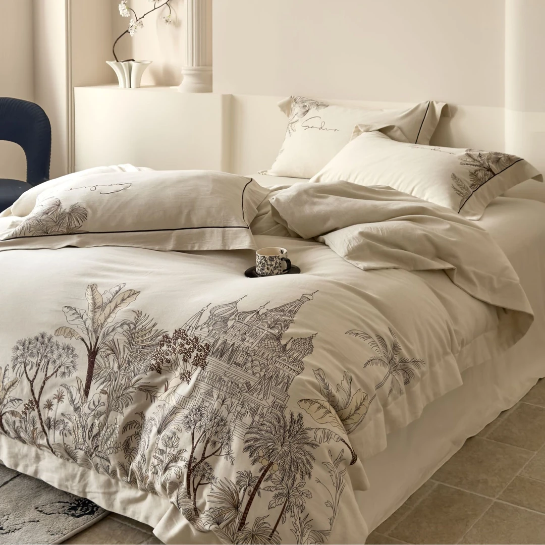 【宝拉家纺】重工刺绣高精密刺绣棉麻国风超柔裸睡床上四件套被套