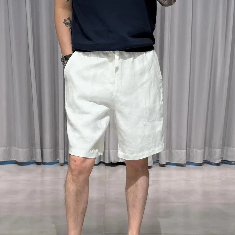 轻奢时尚天丝亚麻休闲短裤男士夏季净版百搭松紧腰抽绳直筒五分裤