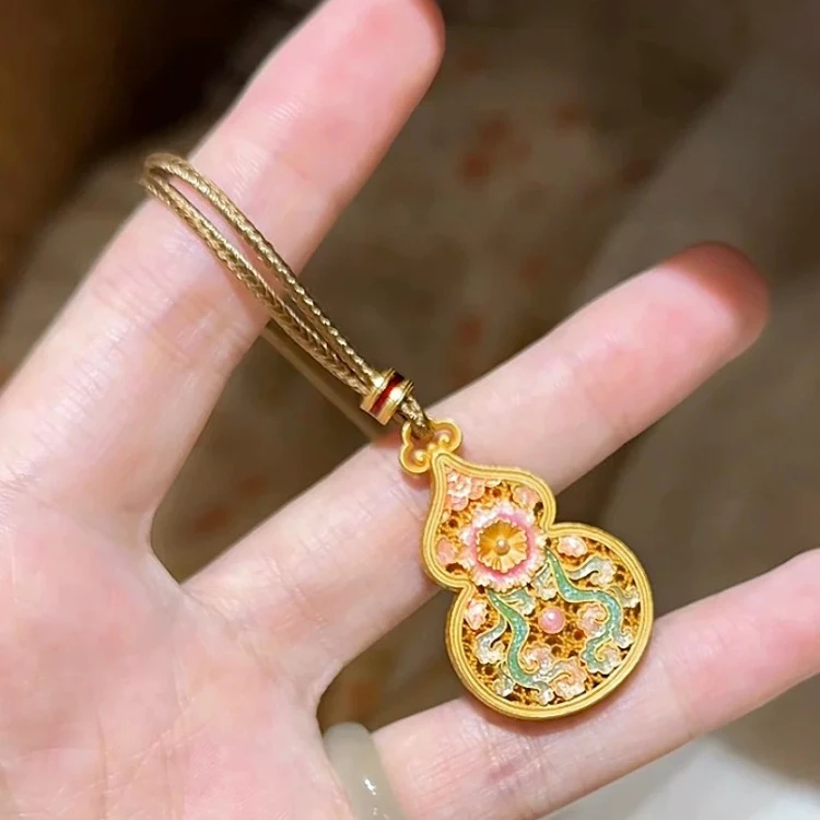 铜合金珐琅吊坠 「海棠葫芦」国风新中式编绳珐琅毛衣链长款项链女