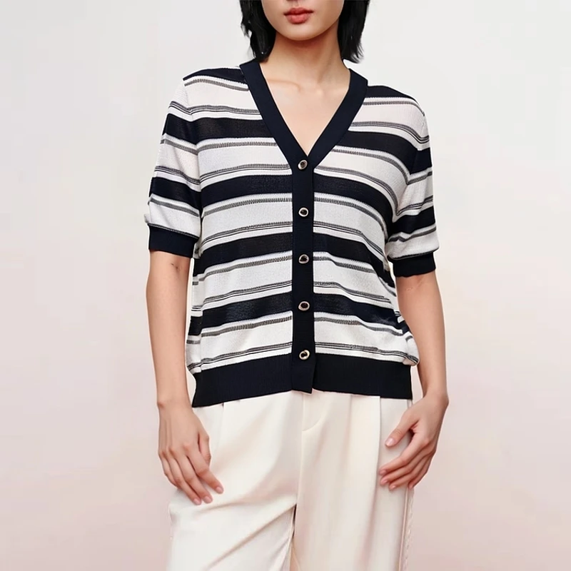 DP60 【晴姐】夏季百搭纹理感冰丝条纹开衫小香风短袖针织衫