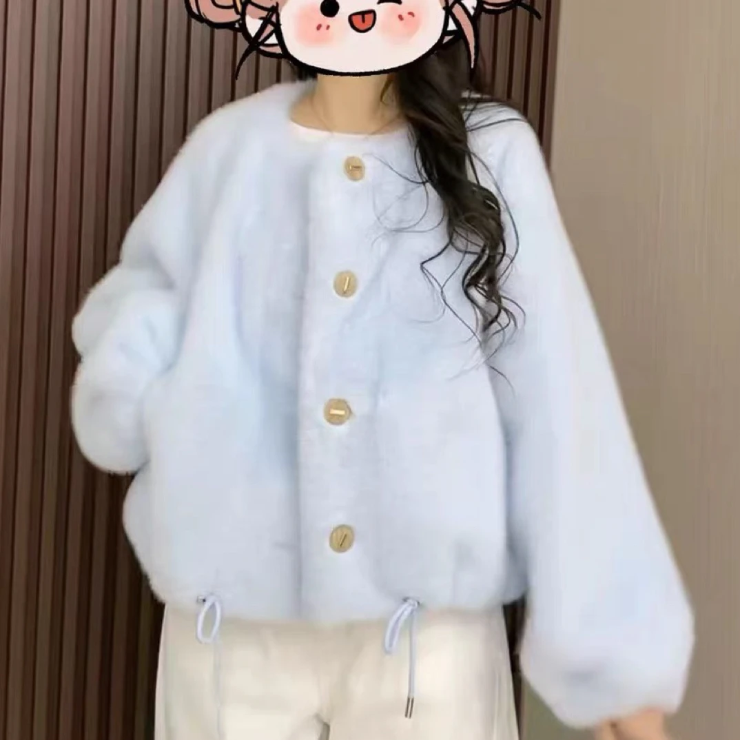 时尚百搭仿貂绒皮毛一体加厚圆领女冬季新款小个子下摆抽绳外套女