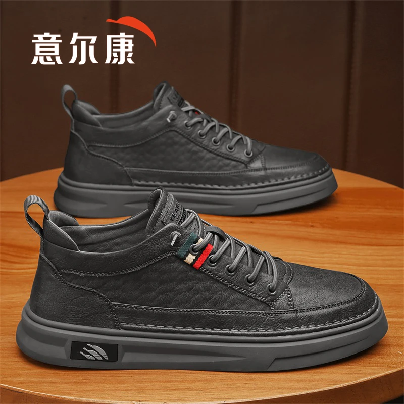 意尔康男士板鞋高端上档次百搭休闲皮鞋时尚潮流高颜值黑色男鞋子