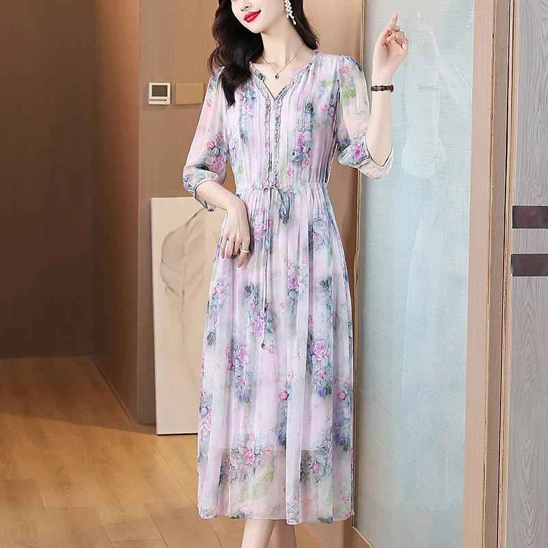 夏季桑蚕丝连衣裙专柜高端韩版时髦舒适薄款真丝气质洋气时尚休闲