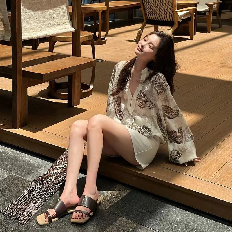 MT DISTORTION夏装松弛感老钱风复古腰花长袖衬衫裙裤两件套装女