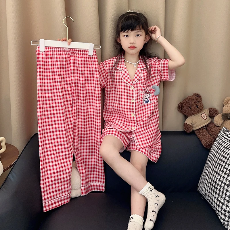 三件套儿童睡衣女童云朵棉夏季开衫短袖宝宝可爱格子女孩家居服