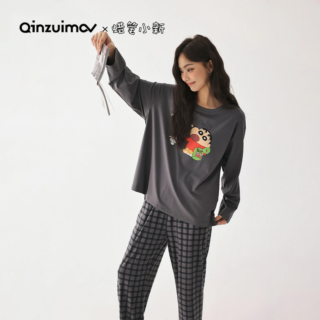亲嘴猫【蜡笔小新联名】休闲长袖睡衣女春秋款莫代尔棉家居服套装
