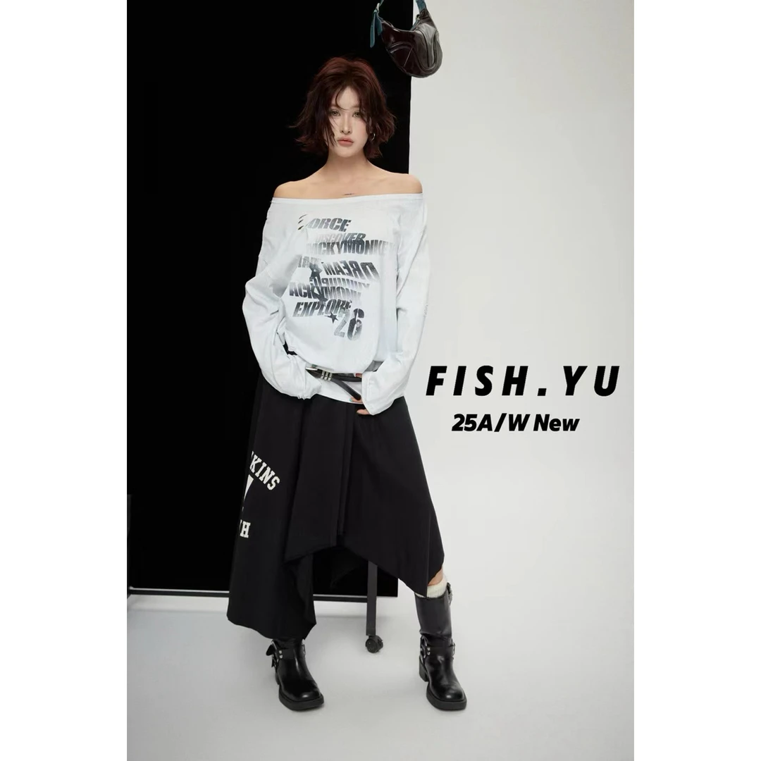 福（1yu25522#）FISH YU 不规则剪裁 松紧腰头字母印花半身裙 9-17