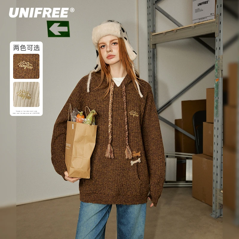 0199【金拐子专属】UNIFREE刺绣宽松连帽套头毛衣U244K027C1K1