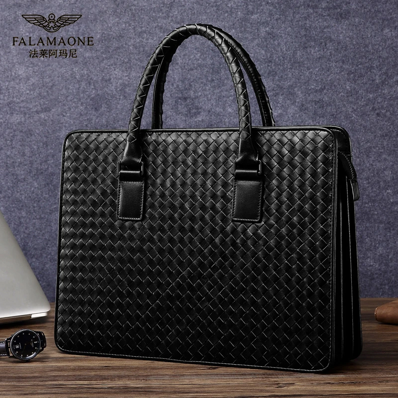 法莱阿玛尼2025新款手编公文包电脑包轻奢商务简约头层牛皮新款