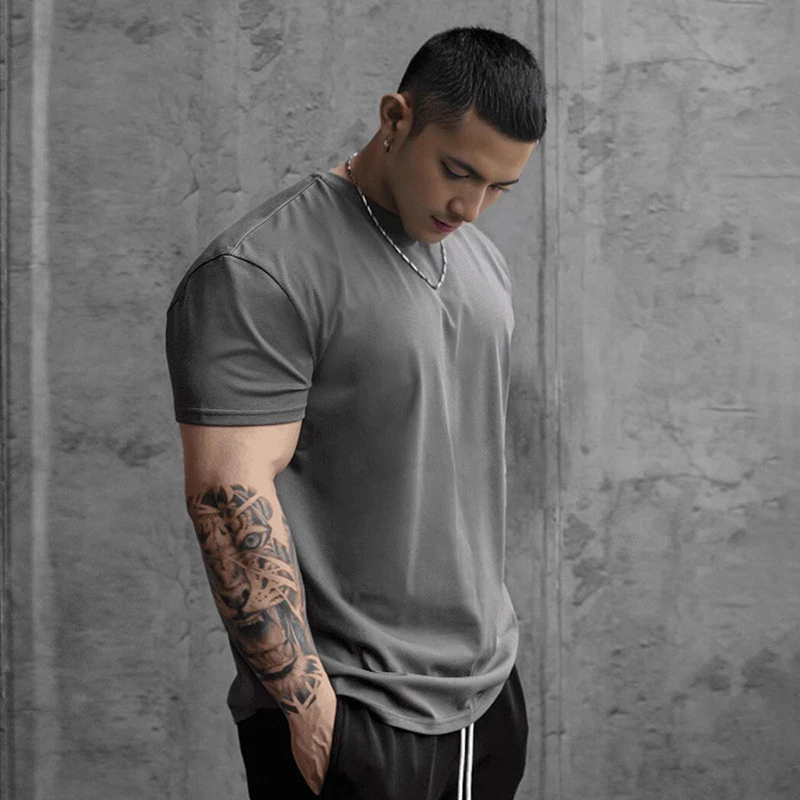 美式收袖口男士运动短袖T恤宽松透气弹力跑步上衣肌肉健身训练服