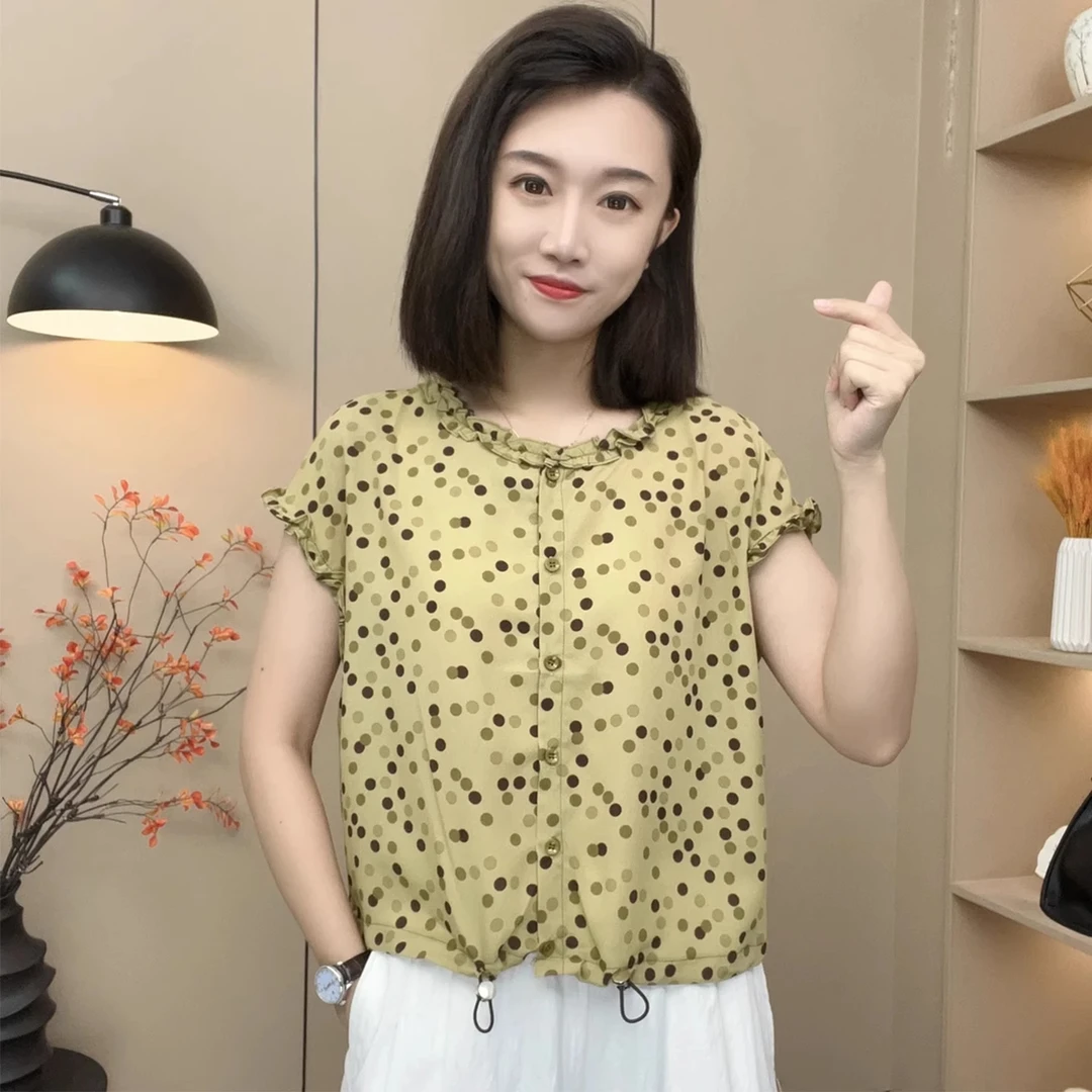 时尚撞色圆点短袖衬衫女2025夏季新款洋气宽松显瘦单排扣衬衫上衣