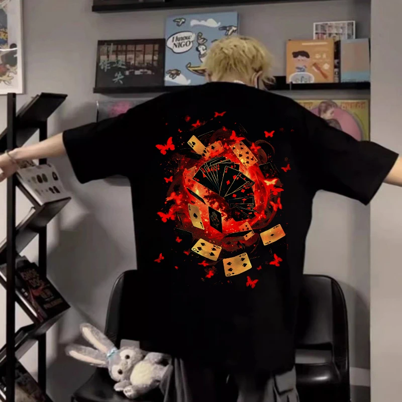 100%纯棉潮流男士短袖扑克牌短袖t恤短袖美式insT恤半袖宽松印花