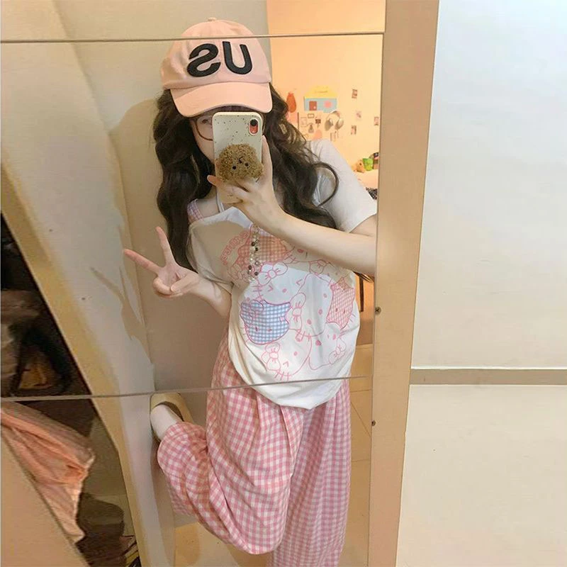 日系可爱kitty猫印花短袖T恤女夏季设计感抽褶绑带宽松甜辣妹上衣