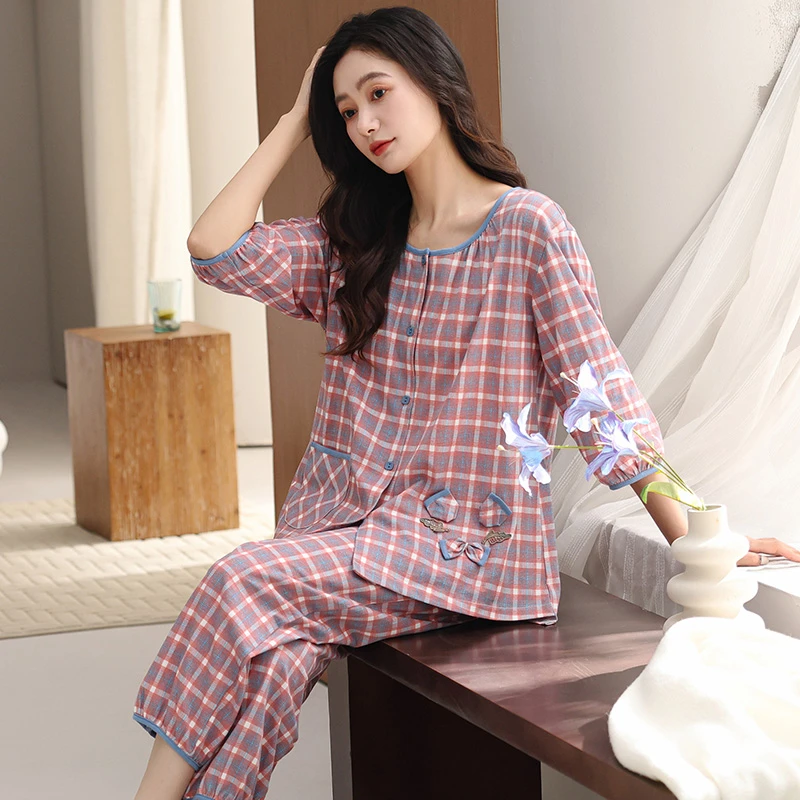 雅鹿100%睡衣女夏季短袖七分袖九分裤夏天全棉薄款格子家居服套装