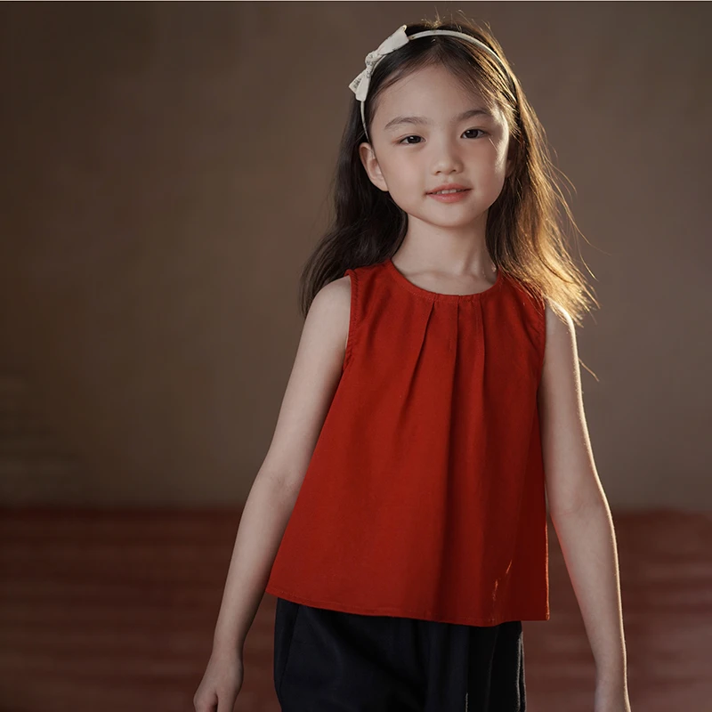 哈齿童装夏季薄款儿童红色背心休闲宽松上衣女童衬衫女孩打底衫