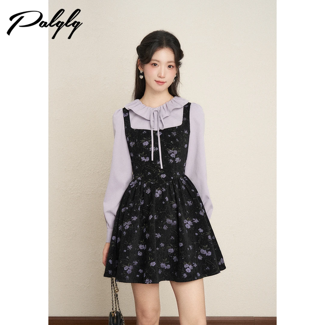 Palglg法式甜美风假两件紫色秋冬高级感刺绣蓬蓬a字裙54PDA44628