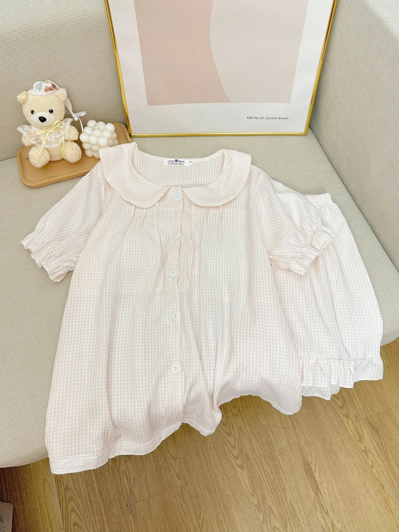 法式复古睡衣套装女夏季开衫短袖ins风格子娃娃领带胸垫外穿薄款