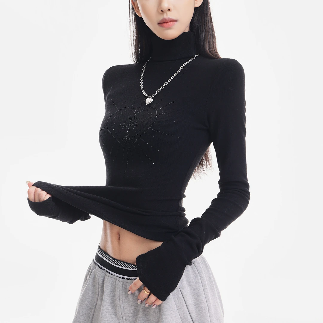 KENABSTUDIO秋冬新款烫钻高领修身长袖T恤女辣妹风打底衫内搭上衣