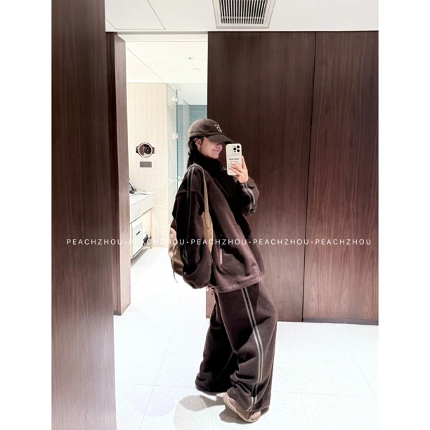 PEACHZHOU 摇粒绒校服撞色织带宽松立领拉链廓形外套松紧腰阔腿裤