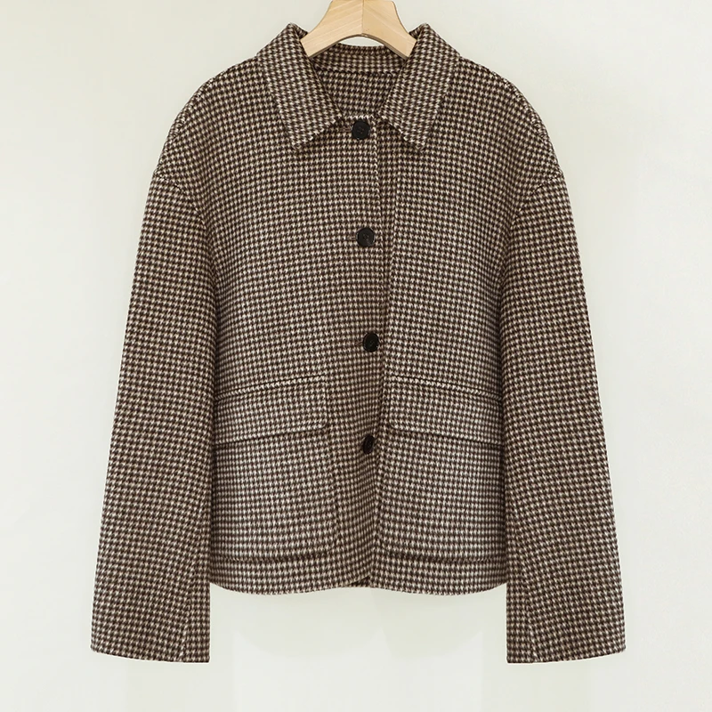 【栗咖】经典复古翻领千鸟格双面羊绒短款大衣女百搭显瘦毛呢外套