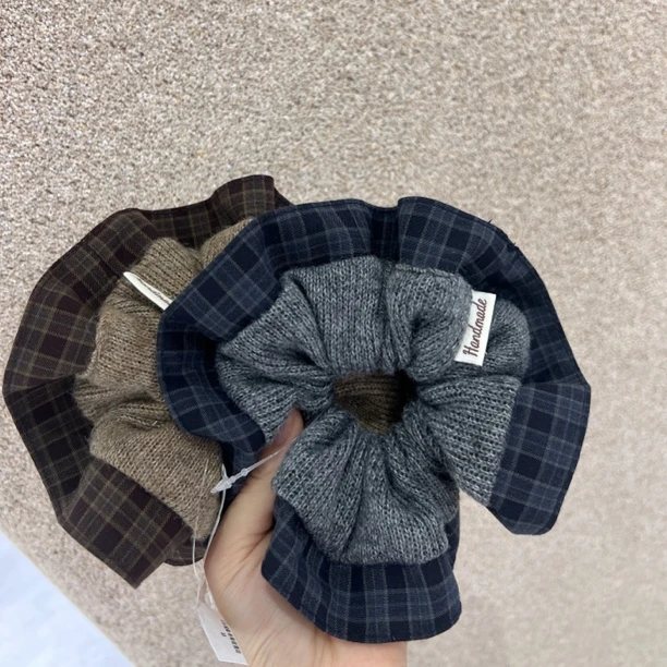 毛线贴布格子锁边大肠发圈韩系简约气质百搭高级