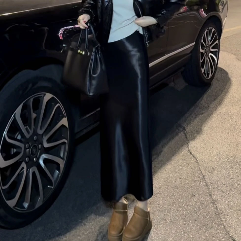 【JQW】秋冬加绒加厚直筒A字弹力缎面半身裙