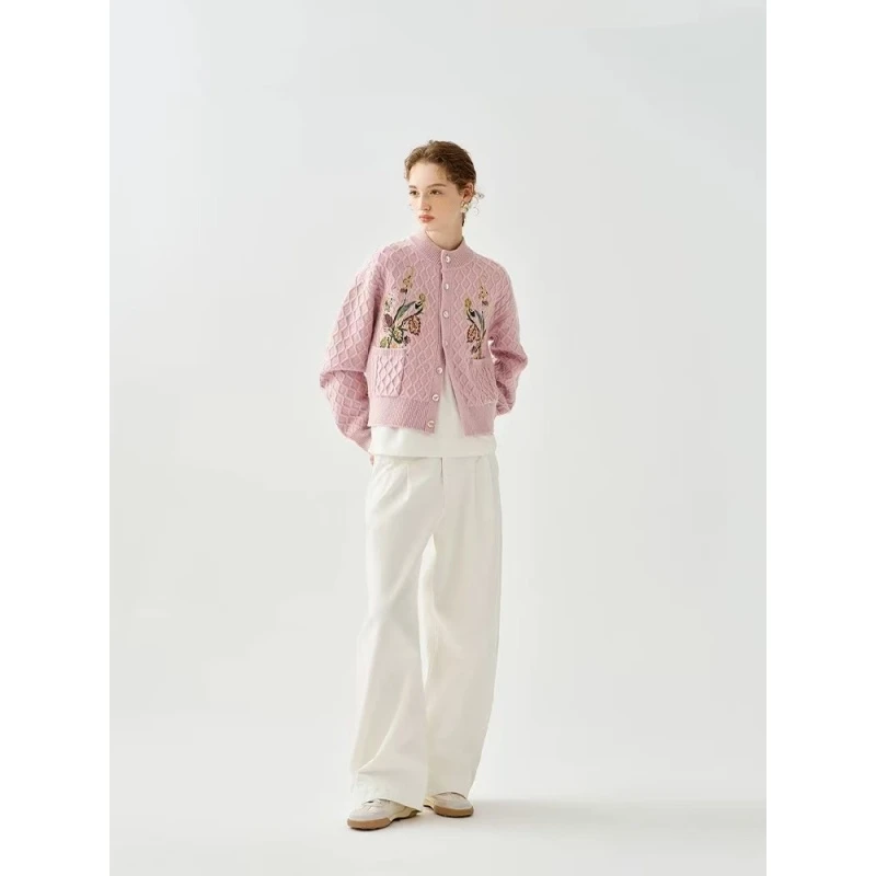 W-1339【商场同款】复古刺绣菱形华夫格春秋季新款针织衫女