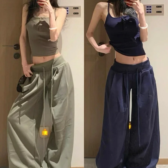 军绿色抽绳运动裤女春秋2025新款小个子高腰显瘦垂感休闲阔腿卫裤