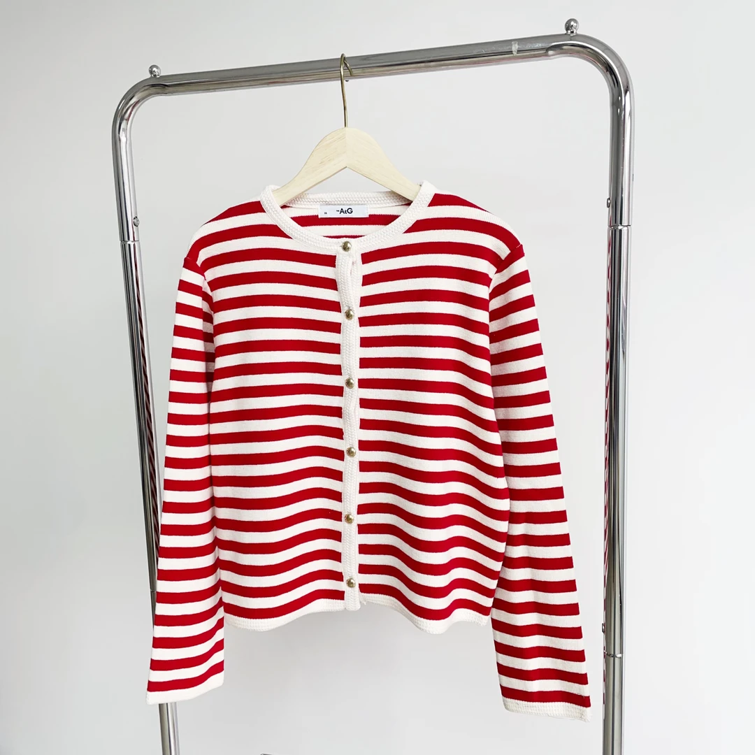 T123  红条韩系圆领棉质休闲系扣开衫