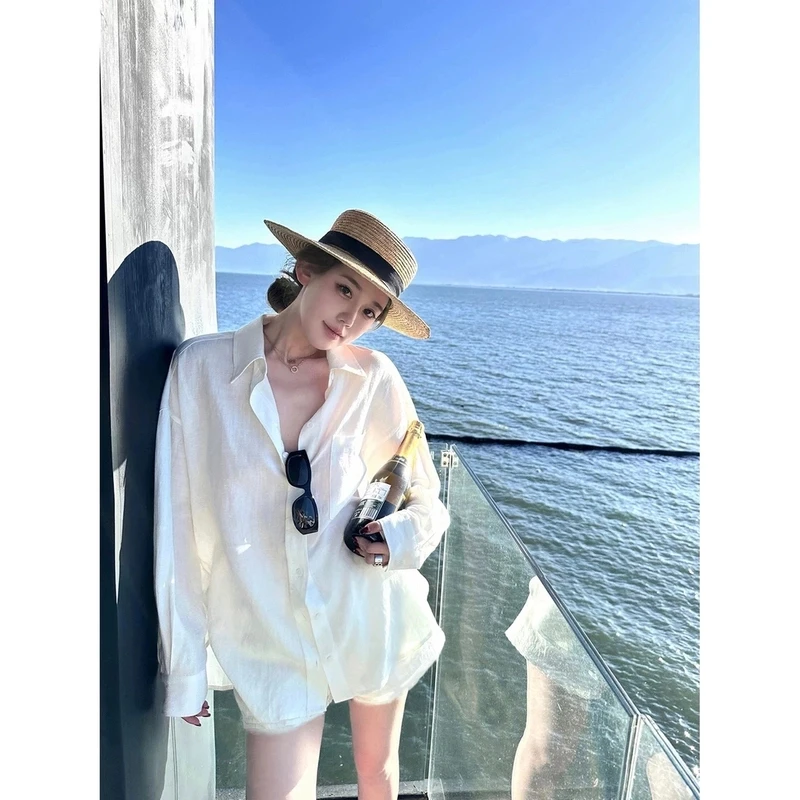 【慵懒夏日】老钱风感夏季亚麻宽松时尚长袖防晒衬衫2025新款