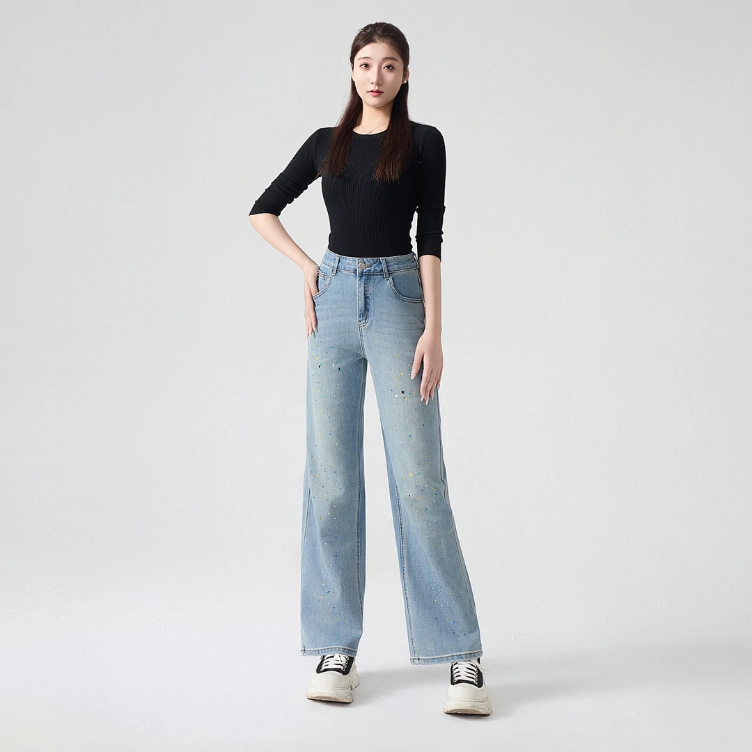 福老板|青花瓷|烫钻水洗牛仔裤女百搭高腰直筒显瘦窄版阔腿长裤