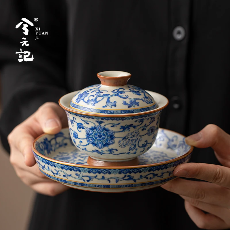 兮元记青花汝窑三才盖碗茶杯功夫单个高档茶碗带盖三件套2025新款