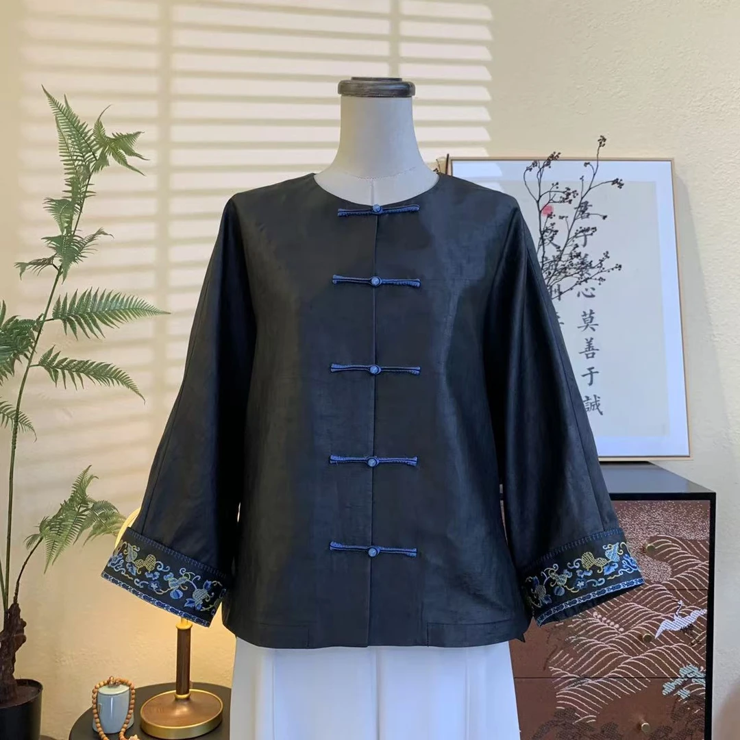 知羽.香云 【满庭芳】复古国风桑蚕丝香云纱绣花开衫外套上衣ZY9631