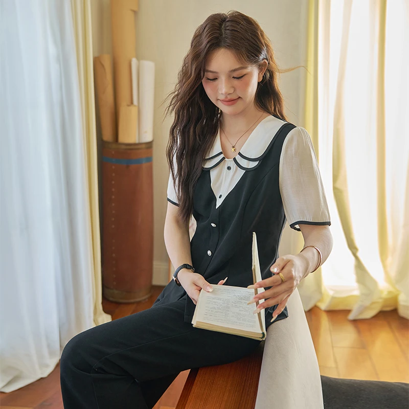 五季家假两件大码女装气质洋气显瘦上衣遮肉微喇裤两件套套装减龄