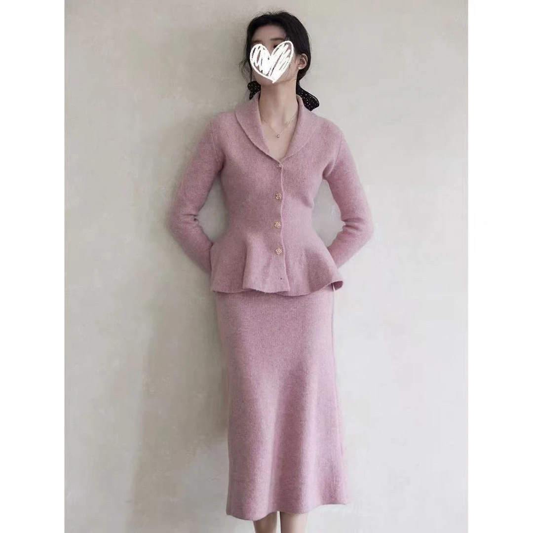 9115新款复古收腰针织上衣高腰鱼尾裙气质套装