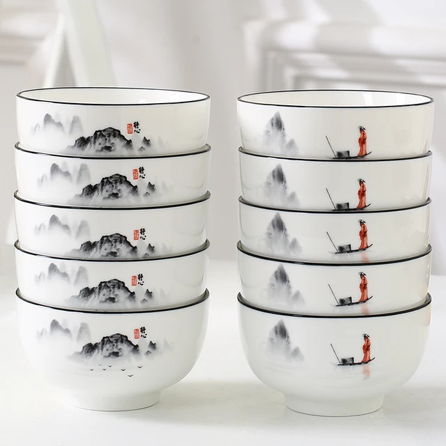 碗10个家用陶瓷吃饭碗加厚大号5寸釉中彩中式简约创意米饭碗套装