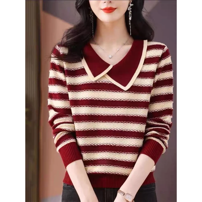 欧货2025秋冬新款毛衣洋气条纹宽松显瘦长袖条纹针织衫女气质