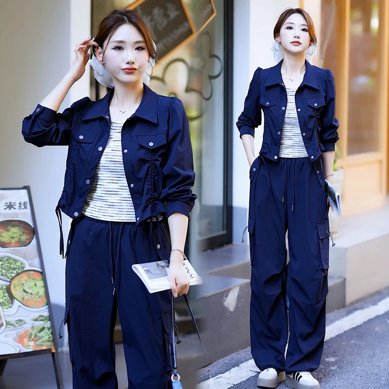 时尚套装女2025爆款时髦洋气设计感短袖上衣工装裤气质三件套秋季