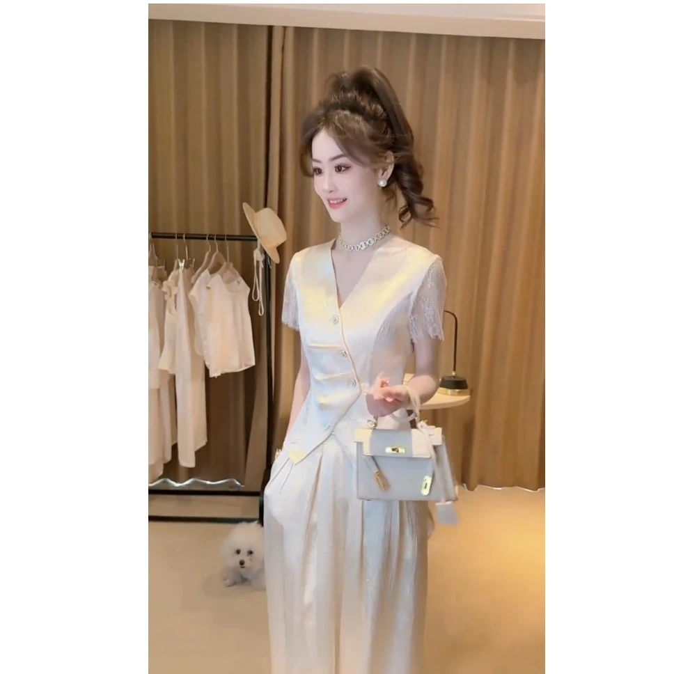 2025夏季爆款大方得体巨好看简单大方白色缎面上衣阔腿裤子套装女