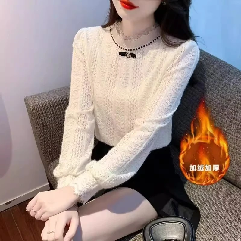 韩版拼接蕾丝打底衫长袖蕾丝加绒加厚立领打底衫洋气上衣
