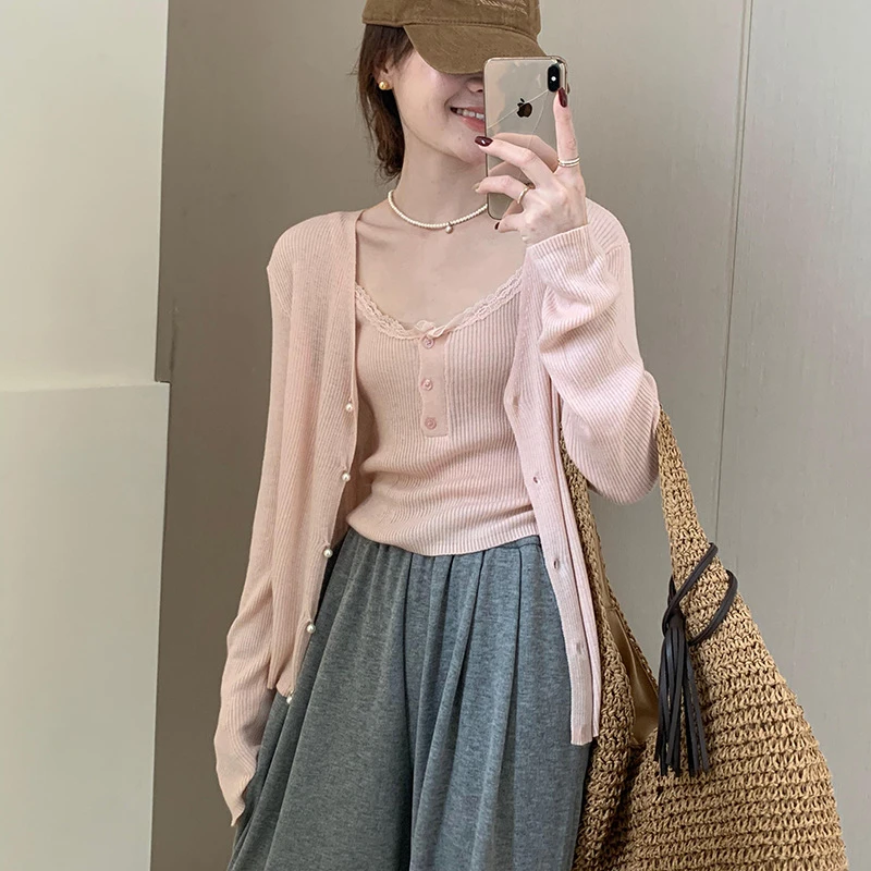 现货花边吊带两件套细羊毛上衣2025秋季新款甜美气质简约风针织衫