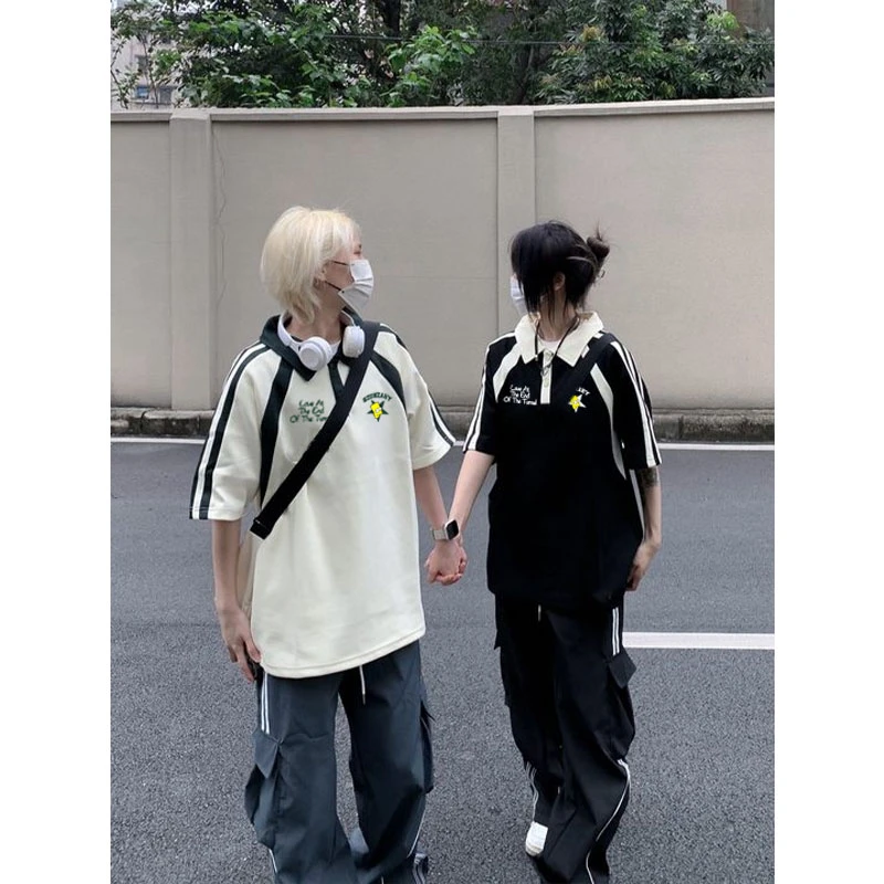 jtrt美式个性字母纯棉polo衫男女款夏季宽松撞色拼接翻领短袖上衣