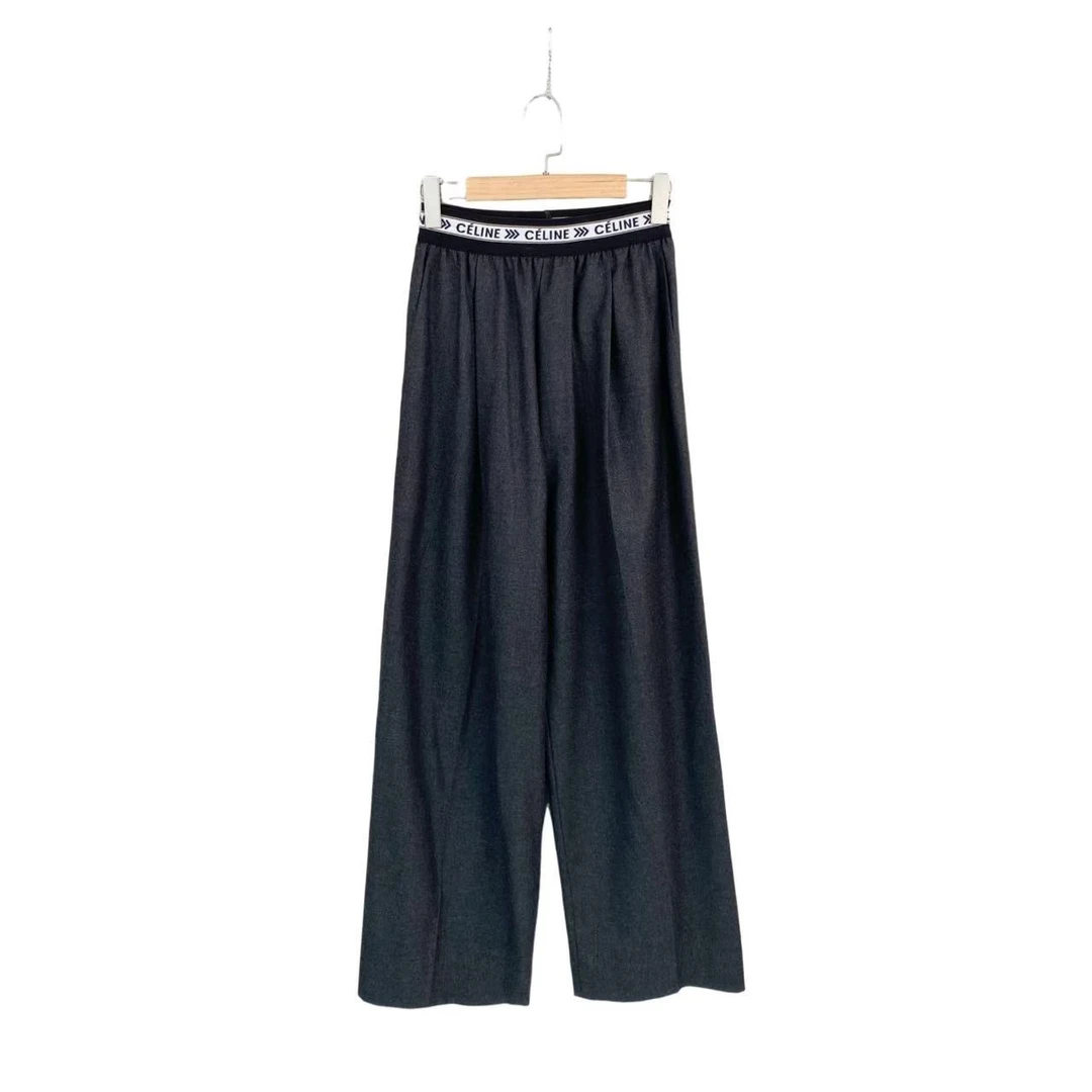 95新 Celine/思琳 bb1768  羊毛 黑色腰带logo长裤 34码