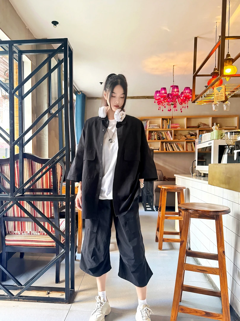 韩系氛围感慵懒套装夏季蝙蝠袖七分马蹄裤男女同款两件套潮流