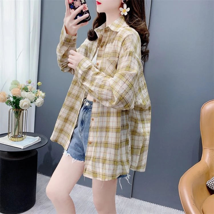 格子衬衫女春秋薄款2025新款韩系穿搭复古衬衣外套宽松设计感上衣